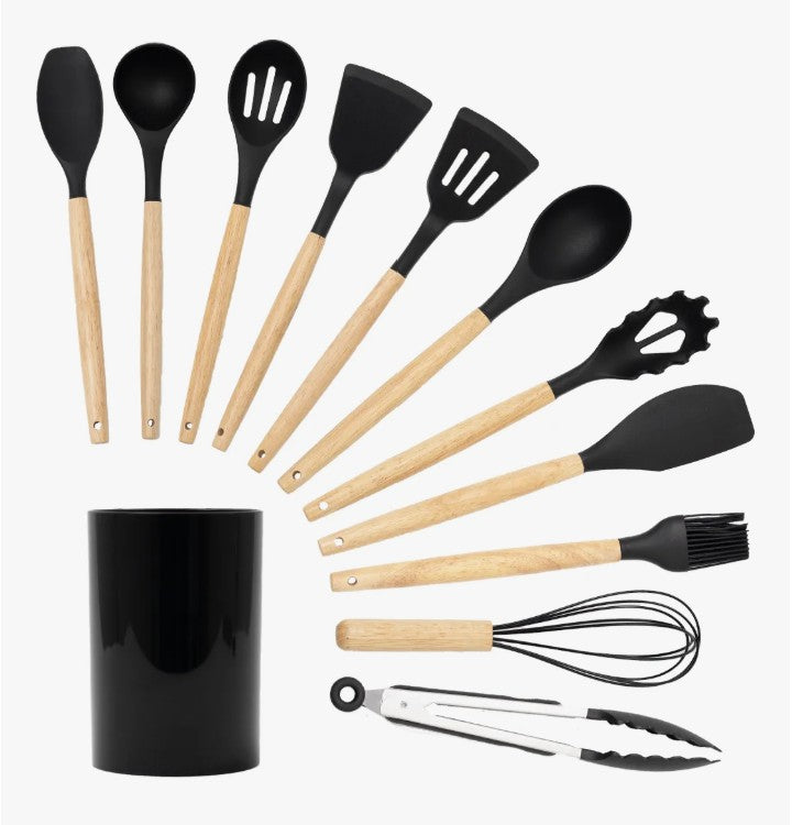11-Piece Silicone Kitchen Utensil Set with Wooden Handle and Holder