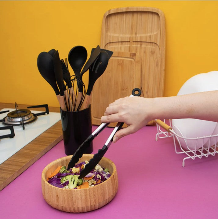 11-Piece Silicone Kitchen Utensil Set with Wooden Handle and Holder