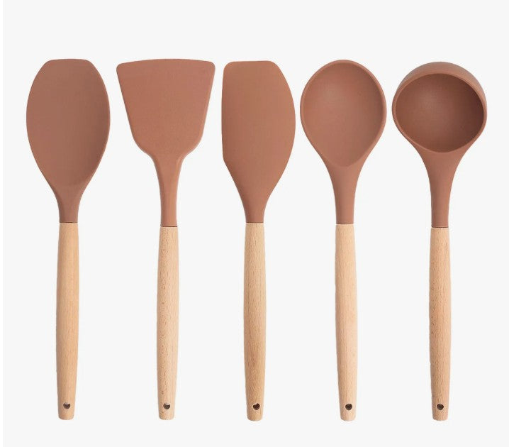 5-Piece Silicone Utensil Set with Wooden Handle